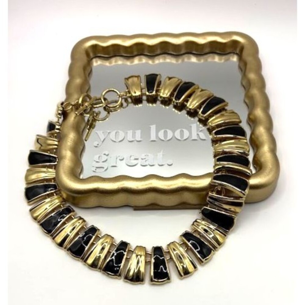 Vintage Gold Tone Black Enamel Statement Collar Necklace Toggle Clasp 16" Bold